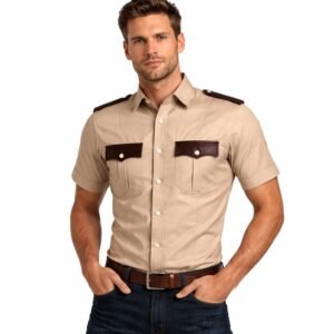 Men's Leather Police Style Shirt, Handmade Slim Fit Western Biker Apparel