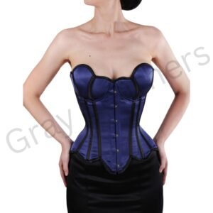 Blue Satin Overbust Corset with Black Trim and Lace-Up Back