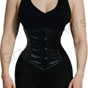 Black Leather Underbust Corset - Gothic Lace Up Waist Cincher
